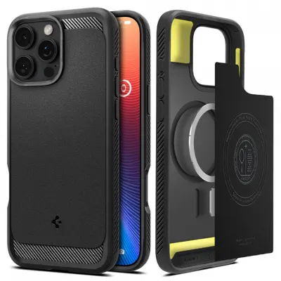 Husa MagSafe pentru Apple iPhone 16 Pro, Spigen, Rugged Armor, Neagra Mata ACS08115
