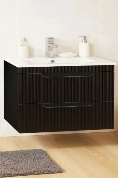 Set Baza front MDF si Lavoar seria 033, suspendata, cu sertare, montat, 80 cm, negru