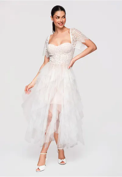 Rochie Cocktail Midi Dantela Florala Eleganta Croi Cloche - Alb