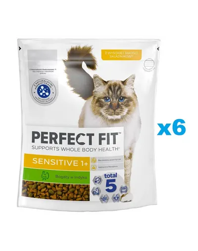 PERFECT FIT Sensitive 1+ 6x750 g set de hrana uscata pentru pisici adulte bogata in curcan