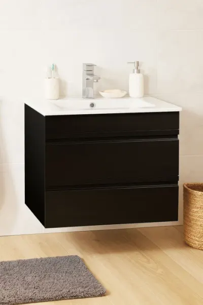Set Baza front MDF si Lavoar seria 086, suspendata, cu sertare, montat, 60 cm, negru