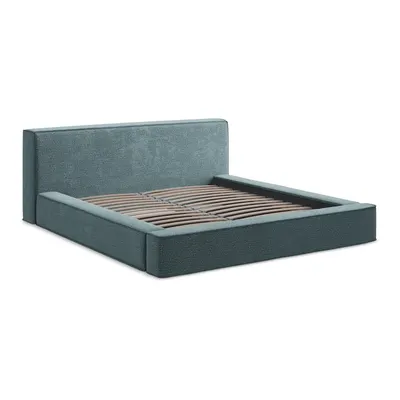 Pat dublu tapițat albastru cu spațiu de depozitare cu grilă 160x200 cm Noho - Makamii