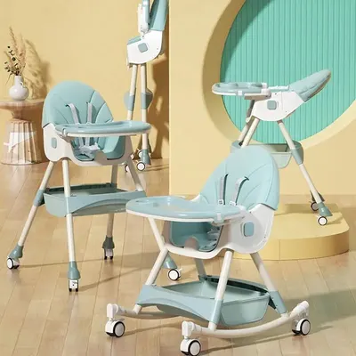 Scaun de masa pliabil pentru bebelusi Little Mom 3 in 1 Funny Light Green cu roti si functie de balansoar, multifunctional, centura de siguranta 5 Puncte, ajustabil pe inaltime, cos de depozitare, husa detasabila