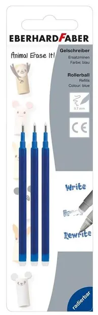 Rezervă pentru roller cu gel Eberhard Faber - Animal, ștergător, albastru, 3 bucăți