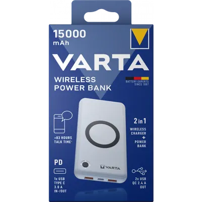 Baterie Externa Wireless Varta Energy, 15000mAh, 18W, QC + PD + FQI, 1 x QI - 1 x USB-C - 2 x USB-A, Alba