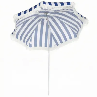 Outsunny Umbrelă de Plajă cu Franjuri Ø180 cm Umbrelă pentru Terasă Exterioară cu Înălțime Reglabilă Înclinare 30° Albastru și Alb | Aosom Romania