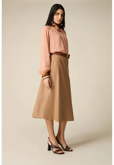 Fusta midi cu talie elastica si model uni - Bej