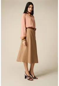 Fusta midi cu talie elastica si model uni - Bej