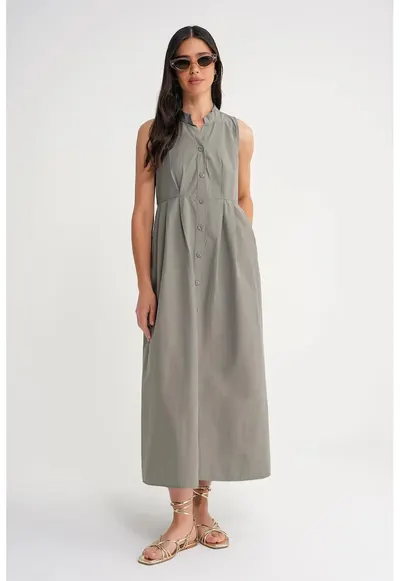 Rochie maxi - HiCCUP - guler cu nasturi - gri - textil