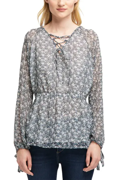 Bluza cu imprimeu floral - cu talie cambrata - Alb/Negru stins/Albastru
