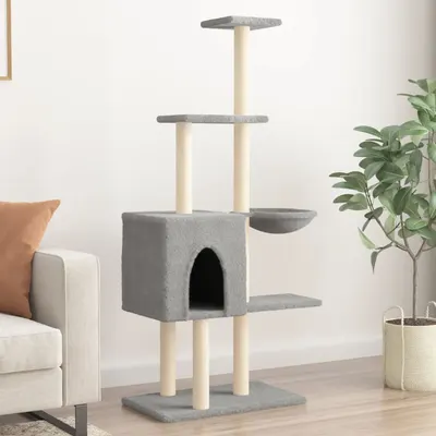 vidaXL Ansamblu pisici, stâlpi din funie sisal, gri deschis, 145 cm