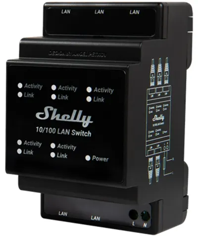 Switch Shelly - LAN, 5x RJ45, șină DIN, negru