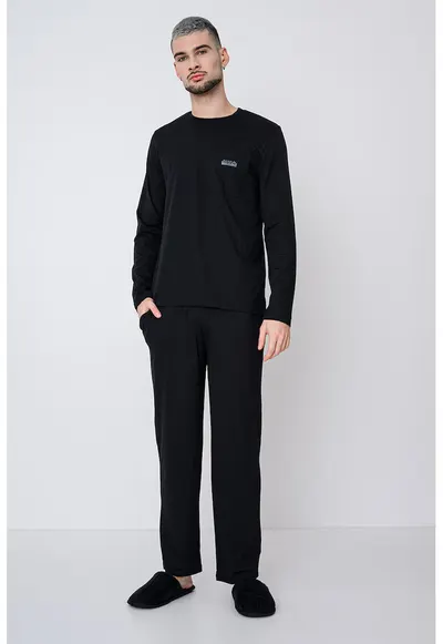 Pijama din amestec de modal cu model uni si banda logo - Negru