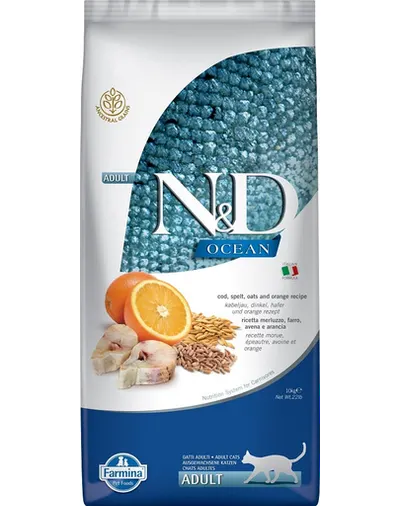 FARMINA N&D Ocean Cat Adult Cod, Spelt, Oats & Orange 10 kg Sac hrana uscata pisici, cu cod, spelta, ovaz si portocala