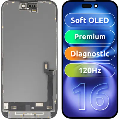 Display cu Touchscreen MP compatibil cu Apple iPhone 16, cu Rama, Versiune Premium Soft OLED FHD 120Hz Diagnostic, Negru