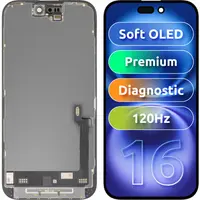 Display cu Touchscreen MP compatibil cu Apple iPhone 16, cu Rama, Versiune Premium Soft OLED FHD 120Hz Diagnostic, Negru