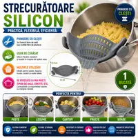 Strecuratoare din Silicon pentru Oale, Cratite, cu Clesti de Prindere, pentru Paste, Legume, Se Potriveste Oricarei Marimi, Gri