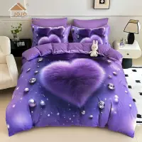 Lenjerie pat dublu, FINET, Imprimeu Digital 5D - Identic cu poza, Cu ELASTIC, 6 piese, Jojo Home, Mov, Inimioare Pufoasa