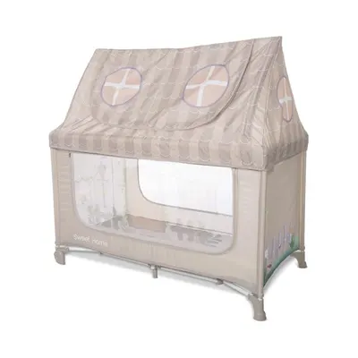 Patut pliabil pentru copii Lorelli Sweet Home Beige 2 nivele, usa laterala cu fermoar, capotina detasabila
