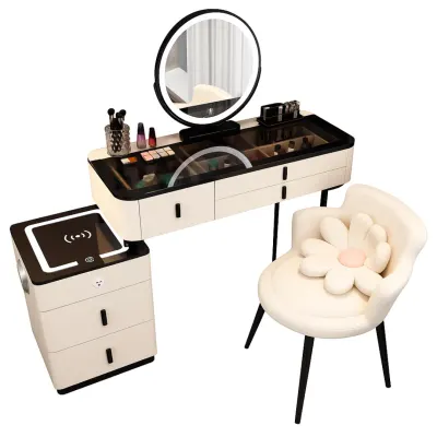 Măsuță de machiaj ISABELLA smart – cu oglindă rotundă LED și blat din sticlă securizată 120x40x120 cm