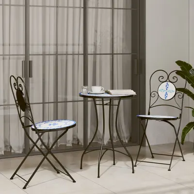 Gossi masa de bistro cu mozaic, albastru si alb, fier si ceramica