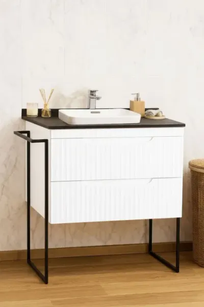 Set Baza front MDF si Lavoar seria 633, cu sertare, cadru metalic, montata, 80 cm, alb rustic
