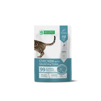 NATURES PROTECTION Weight Control, Pui și Somon, plic hrană umedă pisici, obezitate, (în sos), 100g