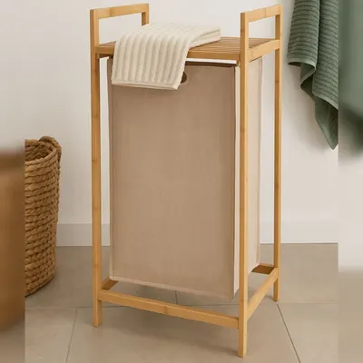 Coș de Rufe Bambus cu Husă Textilă – 33x33x73 cm – Bathroom Solutions