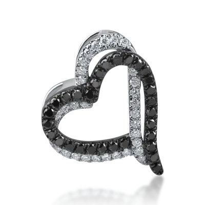 Pandantiv inima din aur alb negru cu diamante negre de 024ct si diamante incolore de 0.14ct