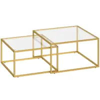 HOMCOM 2 mese de cafea pătrate mese nido moderne cu blat din sticlă securizată și structură metalică 75x75x42 cm Auriu | Aosom Romania