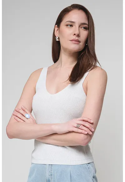 Pulover din tricot cu barete VMNewlex - Alb murdar/Argintiu