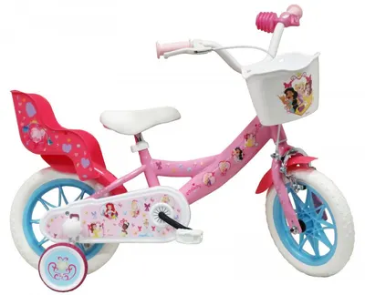 Bicicleta pentru copii Denver Disney Princess 12 inch, frana de mana pe ambele roti, clopotel, roti ajutatoare detasabile, suport pentru papusi, cosulet transport pe ghidon
