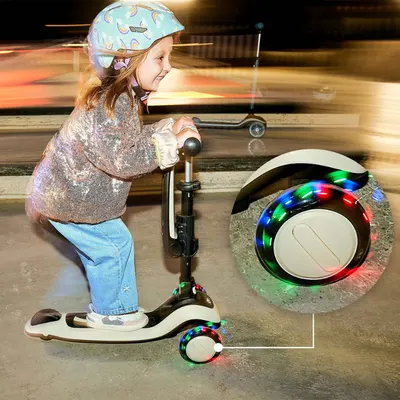 Trotineta pentru copii Kinderkraft Halley 2 Stone White, reglabila, pliabila, roti Led luminoase, cu scaunel