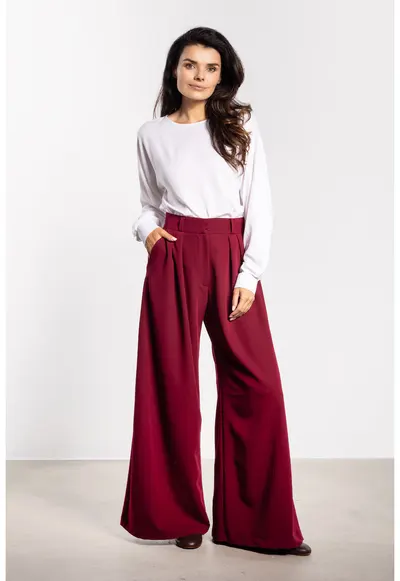 Pantaloni eleganti de dama cu picior larg si talie inalta A743 - Visiniu