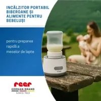 Incalzitor portabil biberoane si alimente pentru bebelusi, 4 trepte temperatura 37-50C, acumulator cu incarcare USB-C, 3 adaptoare biberon incluse, afisaj temperatura, timer cu oprire automata, Reer Heat2Go