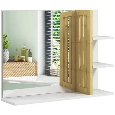 HOMCOM Oglindă Modernă de Baie Suspendată din Lemn cu 4 Rafturi, 45x15x58.5 cm, Alb | Aosom Romania