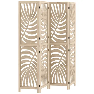 HOMCOM Paravan interior din lemn 4 panouri 160 x 170 cm, pliabil și portabil, model frunză, design detașabil, lemn natural | Aosom Romania
