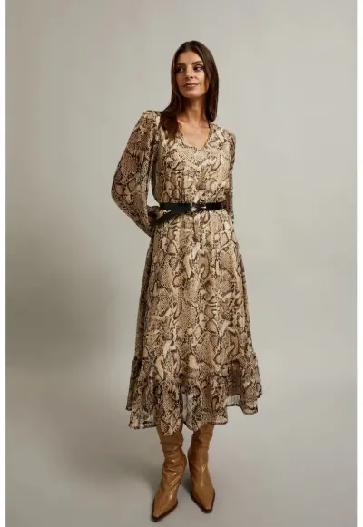 Rochie cu maneci bufante si imprimeu animalier bej - Gri