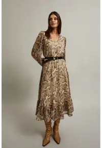 Rochie cu maneci bufante si imprimeu animalier bej - Gri