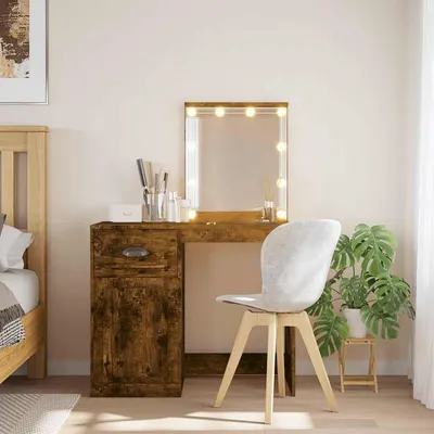 vidaXL Masă de toaletă cu LED-uri, stejar fumuriu, 90x42x132,5 cm