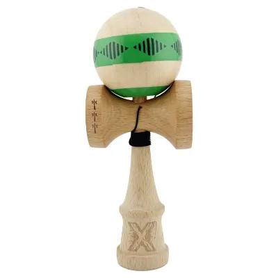 Jucarie de indemanare din lemn, Kendama X, Frequency Flippy, Super Sticky, 18 cm, Verde, Maro