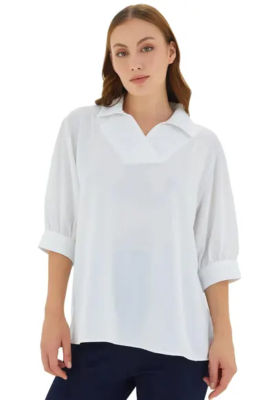 Bluza dama - Textil - Alb - Guler polo