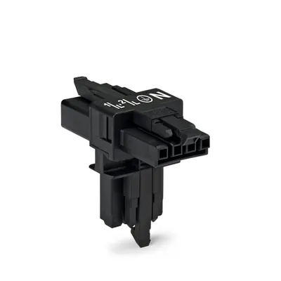 T-distribution connector; 4-pole; Cod. A; 1 input; 2 outputs; 3 locking levers; for flying leads; black