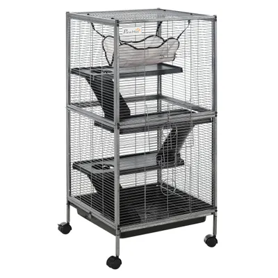 PawHut Cușcă din Oțel pentru Rozătoare cu 3 Niveluri, 4 Roți, Hamac și Tavă Detașabilă, 52x52x113.5 cm, Negru | Aosom Romania