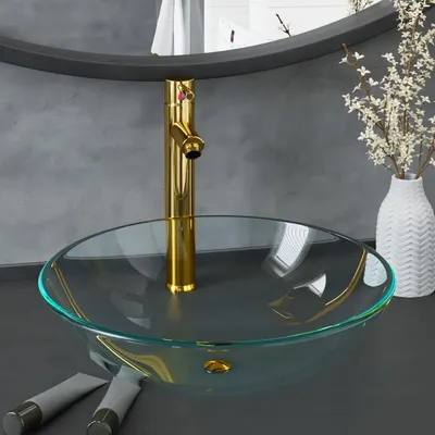 Gossi chiuveta baie robinet si scurgere tip push, transparent, sticla