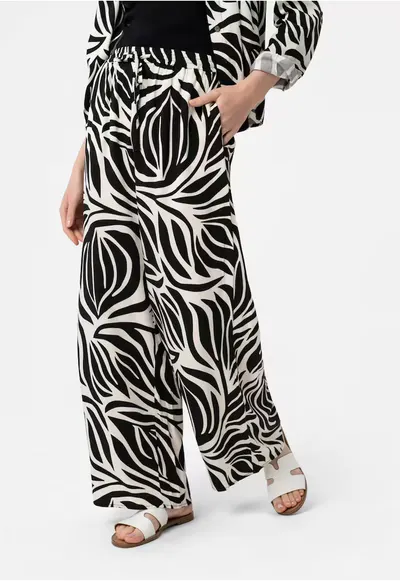 Pantaloni lejeri dama din viscoza cu model floral - talie elastica cu snur - Comfort Fit - R-Dolana - negru - Negru