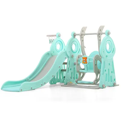 Spatiu de joaca pentru copii Nichiduta Garden Ocean Blue interiorexterior 3in1 cu tobogan, leagan cu bara de protectie detasabila si inaltime reglabila, jucarie muzicala, cos de baschet si minge inclusa