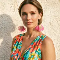Cercei statement tip floare cu detalii aurii, din matase, stil elegant de vara, fucsia