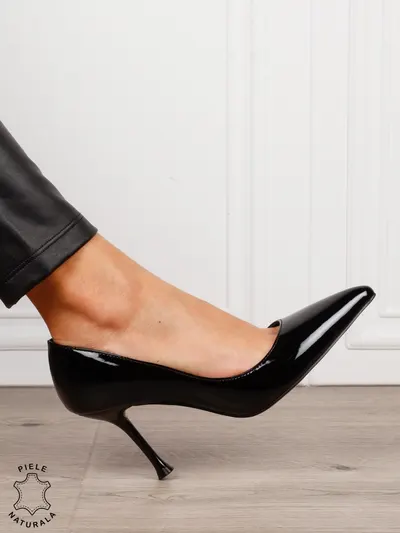 Pantofi dama eleganti din piele naturala Lacuita cu toc subtire clasic CRL1636 NEGRU