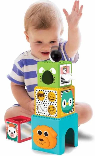 Set de jocuri pentru bebeluși Infantino B Kids – Coș de joacă și cuburi pentru asamblat